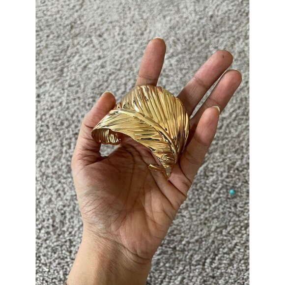 wide gold cuff leaf bracelet bangle large wedding metal boho chunky statement - Picture 9 of 9